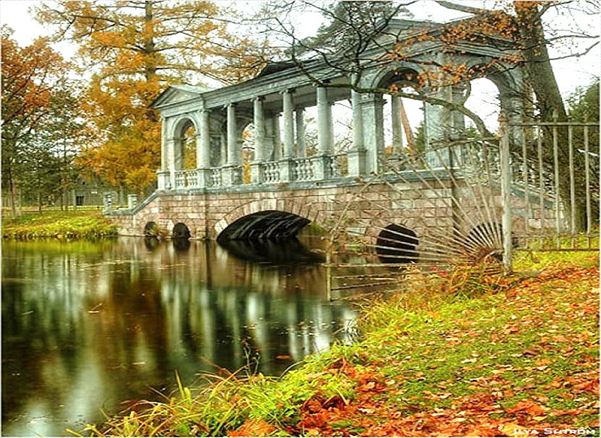 Monument bridge, river, covered, leaves, trees, bridge, autumn, pillars, country HD wallpaper