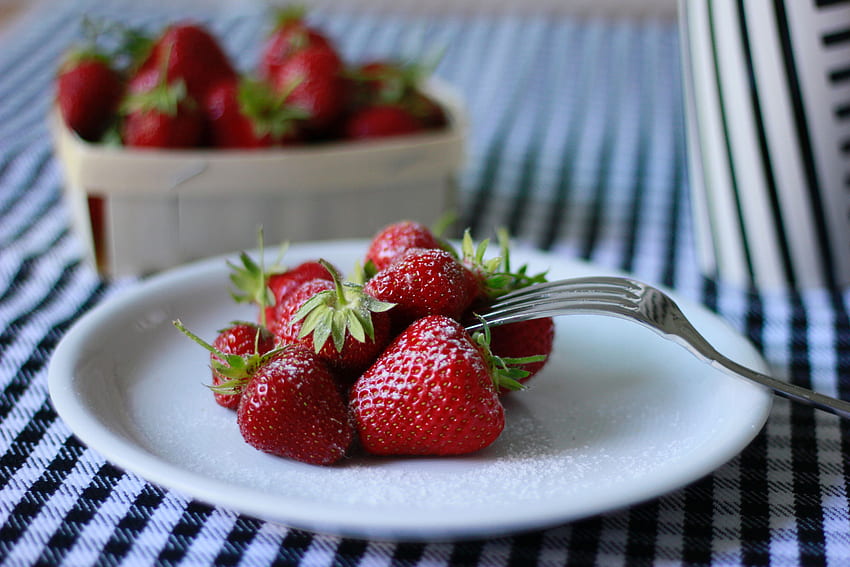 Essen, Erdbeere, Beeren, Teller, Gabel HD-Hintergrundbild
