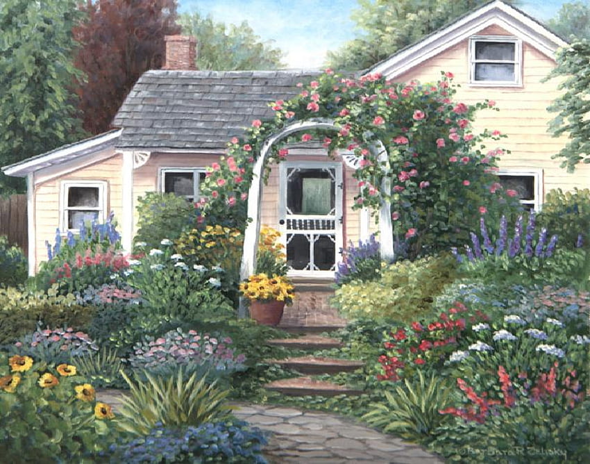 黄色い家の庭、窓、歩道、家、階段、庭、茂み、屋根、ドア、煙突、木、花 高画質の壁紙