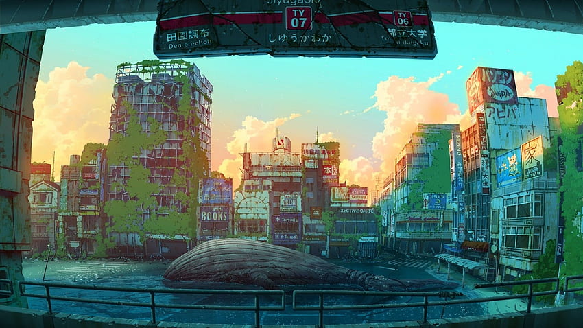 Postapokalyptische Anime-Landschaft, Moos, Ruinen, Zerstörung, verlassene Stadt für Maiden HD-Hintergrundbild