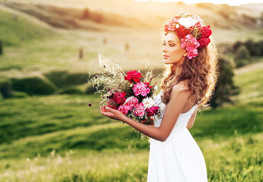 Beauty, model, girl, woman, rose, pink, flower, green, bride, wreath HD wallpaper