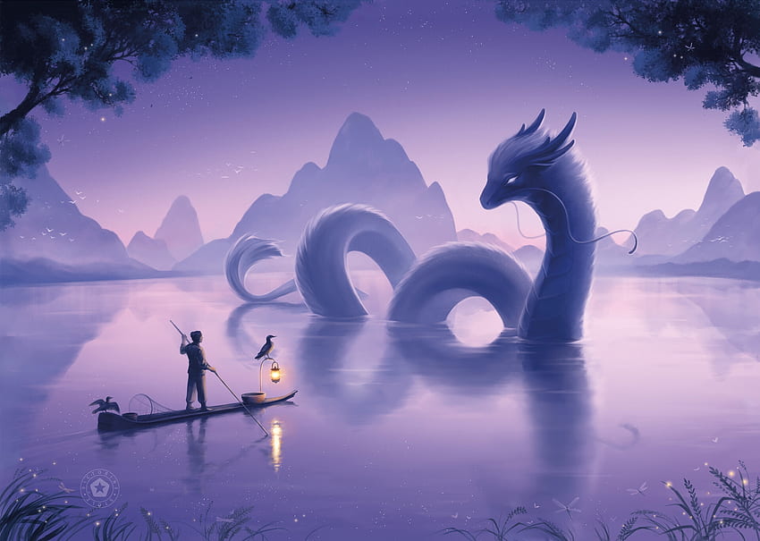 The water dragon, blue, boat, asian, art, fisherman, mountain, purple, victorine stolz, fantasy, dragon, lantern, water, silhouette, evening HD wallpaper