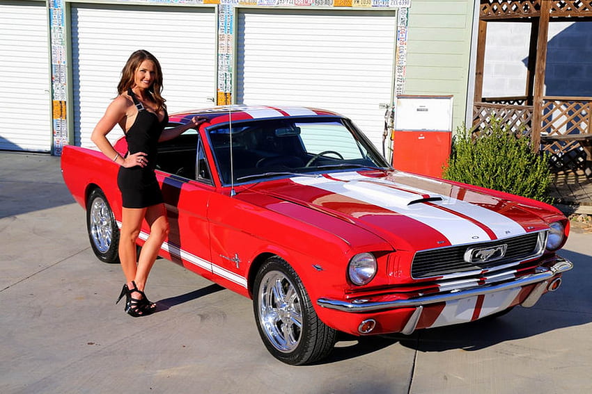 1966 Ford Mustang Fastback 289 and Girl, Car, Red, Fastback, Girl, Old-Timer, 289, Mustang, Muscle, Ford HD wallpaper