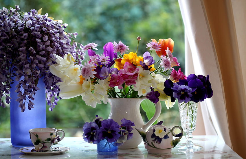 Flowers, Pansies, Tulips, Bouquets, Jug, sia, Porcelain, Wisteria HD wallpaper