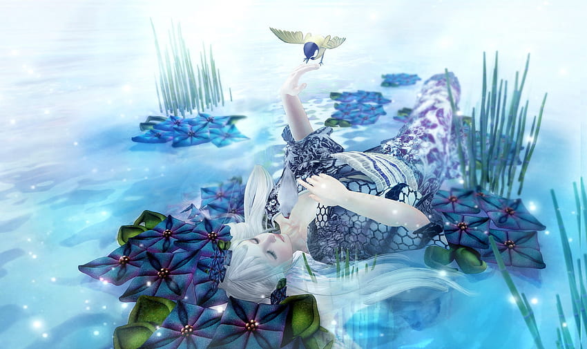 The bird, blue, white, rendering, bird, girl, lake, fantasy, flower, dragonfly, game, luminos HD wallpaper