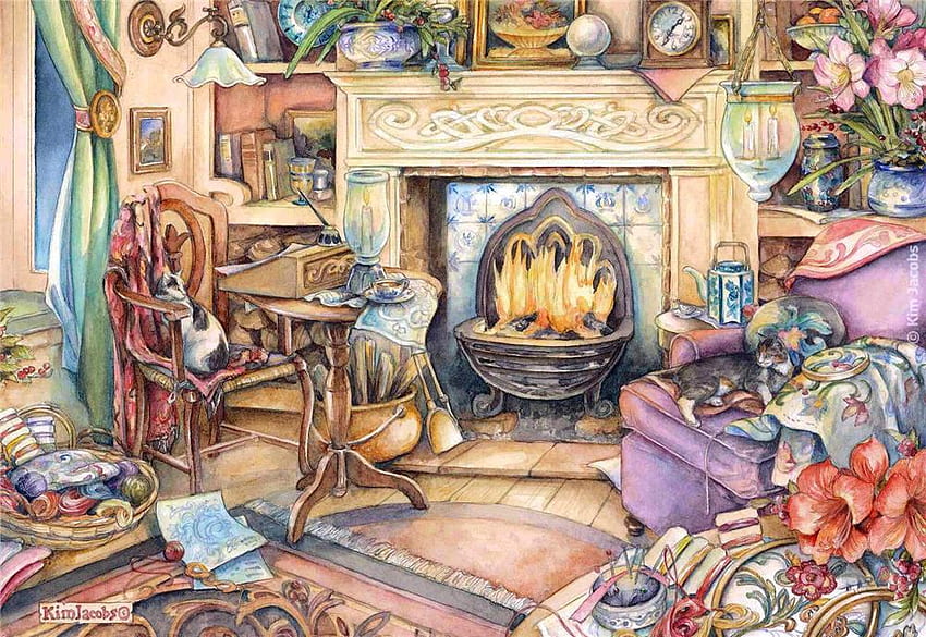 Fireplace., chair, painting, flower, cat, fireplace HD wallpaper