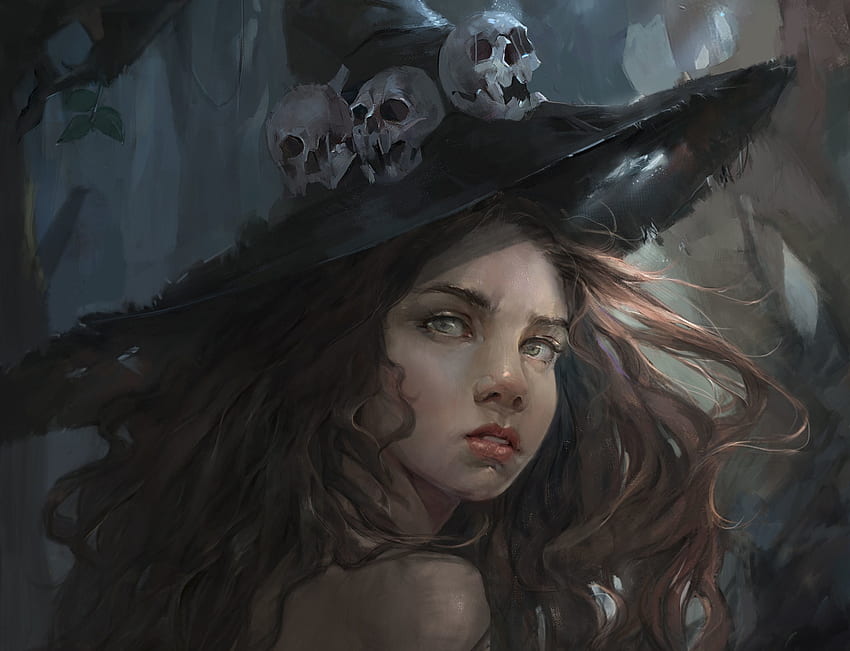 Witch, halloween, black, fantasy, skull, face, girl HD wallpaper