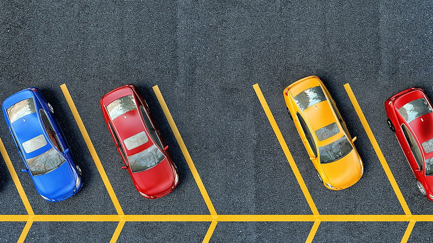 Изглед отгоре на зоната за паркиране, тротоар, жълти линии, жълти червени сини коли HD тапет