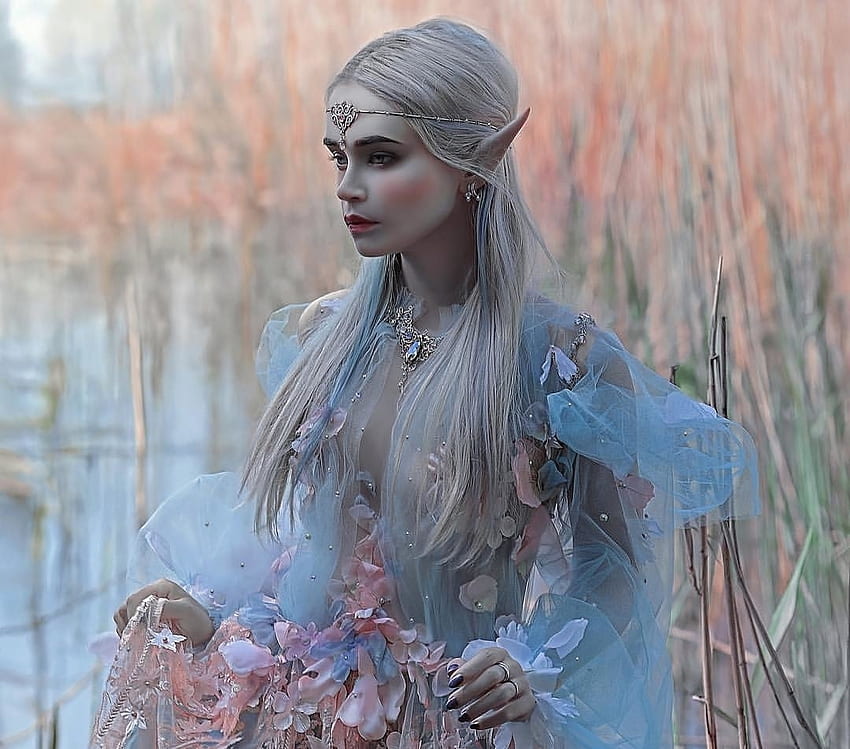 Elf girl, blue, pink, model, flower, a m lorek, girl, elf, woman HD wallpaper