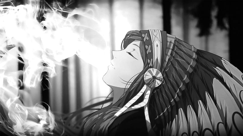 アニメの女の子, 煙, 頭飾り, モノクローム, アニメ, 目を閉じた, タバコを吸っているアニメの女の子 高画質の壁紙