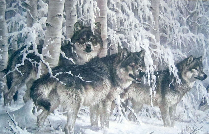 Кристална гора, зима, гора, кристал, диви, вълци HD тапет