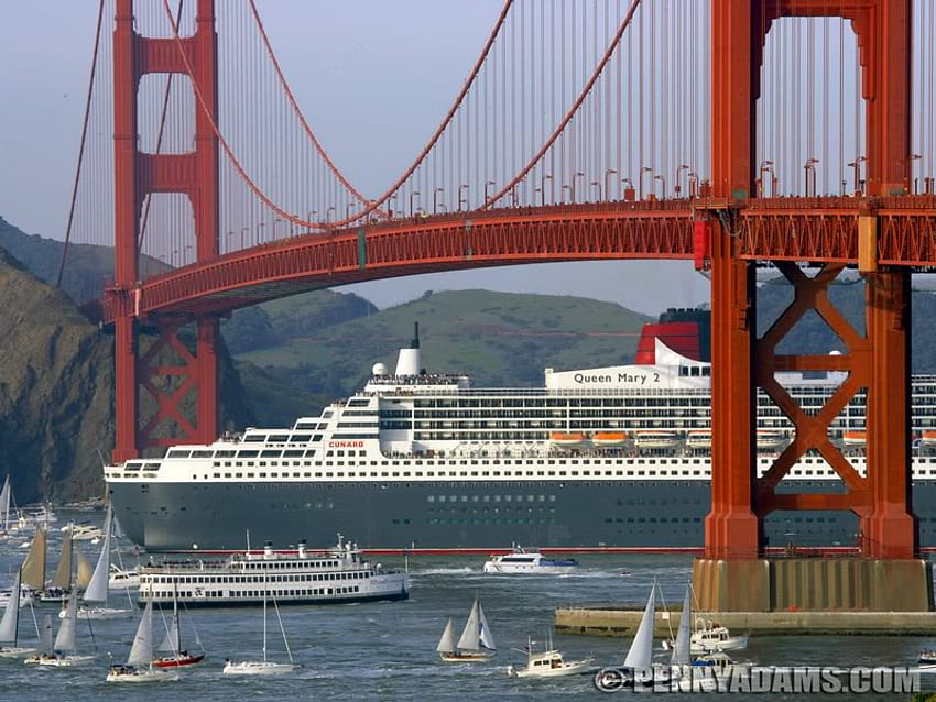 Queen Mary 2 ล่องเรือใต้สะพาน Golden Gate สะพาน เรือ ท้องฟ้า ควีนแมรี่ วอลล์เปเปอร์ HD