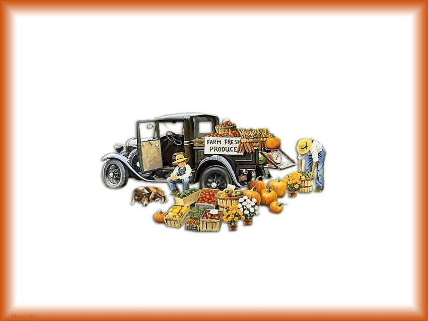 秋のフルーツ スタンド、犬、販売、古い車、少年、男、果物、道路、野菜 高画質の壁紙
