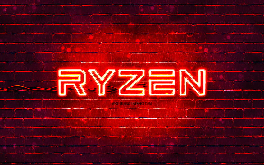 Червено лого на AMD Ryzen, червена тухлена стена, лого на AMD Ryzen, марки, неоново лого на AMD Ryzen, AMD Ryzen HD тапет