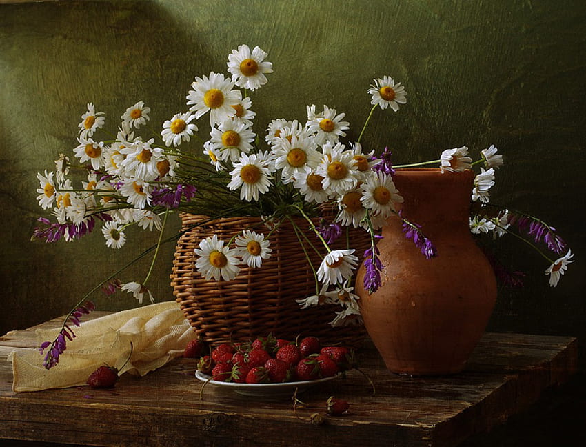 ชีวิตยังคง ศิลปะ โต๊ะ ขาว แจกันหม้อ สตรอเบอร์รี่ ผลไม้ สวย ตะกร้า ดอกไม้ หม้อ วอลล์เปเปอร์ HD