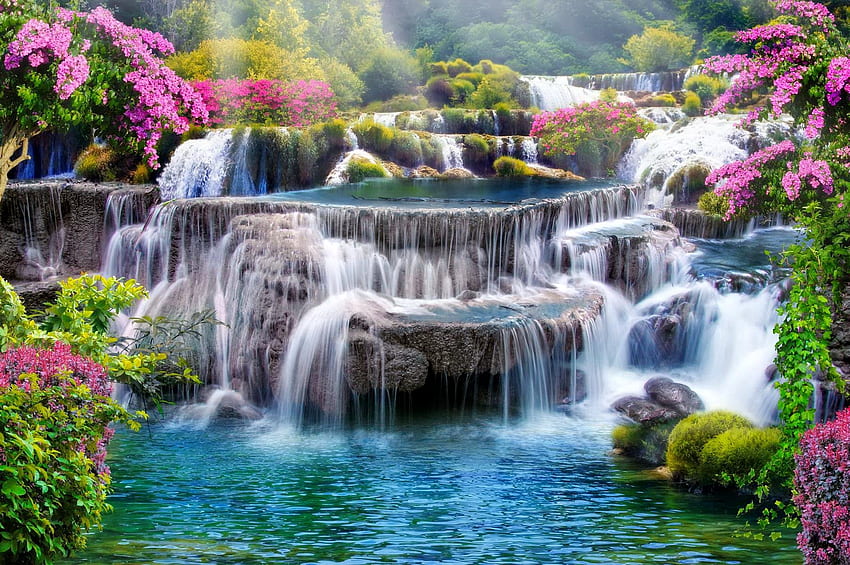 waterfall in paradise, waterfall, paradise, natur, flowers HD wallpaper