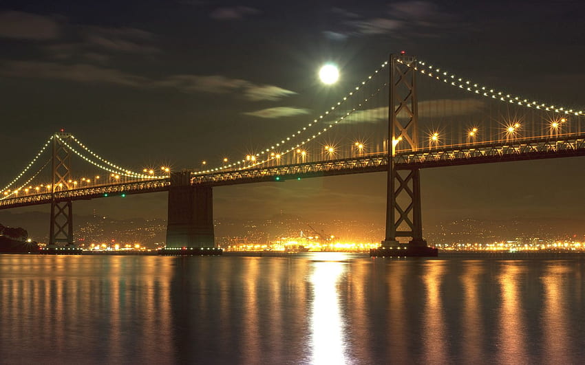 Cities, Sky, Sea, Night, Moon, Lights, Shine, Light, Road, Bridge, San Francisco, Golden Gate HD wallpaper