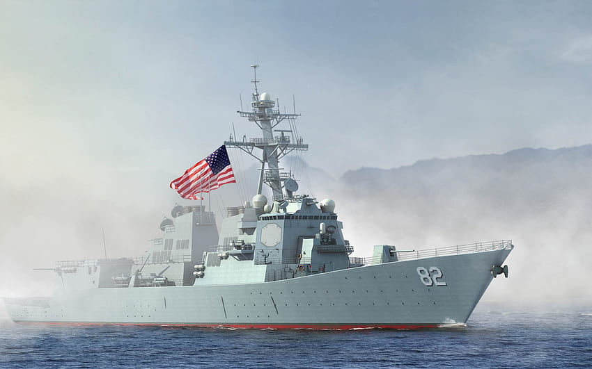 USS ラッセン、DDG-82、米国誘導ミサイル駆逐艦、米国海軍、米国軍艦、米国旗、アメリカ国旗 高画質の壁紙
