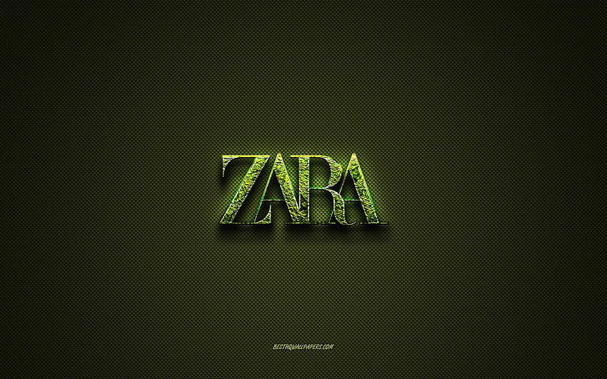 Лого на Zara, зелено креативно лого, флорално арт лого, емблема на Zara, зелена текстура от въглеродни влакна, Zara, креативно изкуство HD тапет