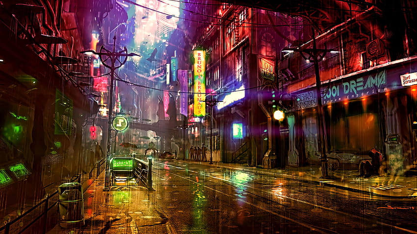 Ciudad futurista Cyberpunk Neon Street Arte digital, Artista, y fondo de pantalla