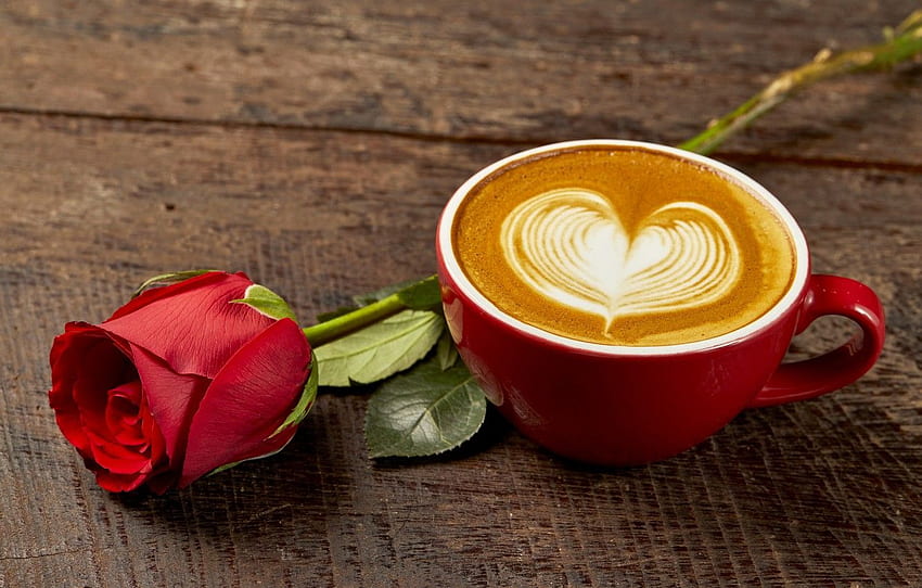 amore, cuore, caffè, rose, germoglio, tazza, rosso, amore, rosa, rosa rossa, cappuccino, cuore, legno, tazza, romantico, caffè per , sezione настроения Sfondo HD