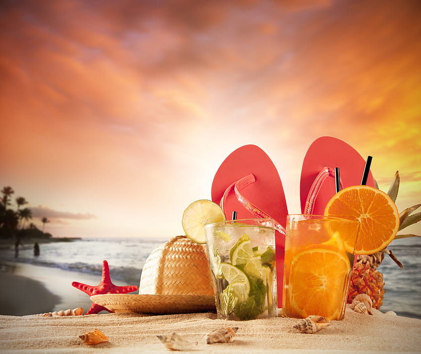 Beaches: Tropical Sunset Vacation Fruit Sand Summer Drinks Beach HD wallpaper