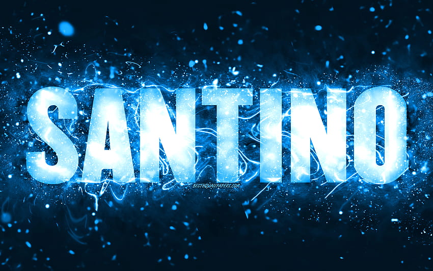 Happy Birtay Santino, luzes de neon azuis, nome Santino, criativo, Santino Happy Birtay, Santino Birtay, nomes masculinos americanos populares, com nome Santino, Santino papel de parede HD