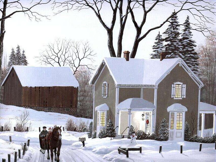 Sleigh Bells Ringing, inverno, Herdade, neve, Árvores, celeiro, casa, passeio a cavalo, Fazenda, frio, país, pessoas, encantador, trenó, família, Natal, amor, memórias papel de parede HD