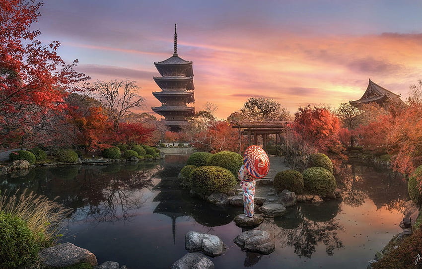 есен, пейзаж, залез, природа, езерце, камъни, жена, японски, вечерта, Япония, градина, пагода, Киото за , раздел пейзажи, Япония пагода HD тапет