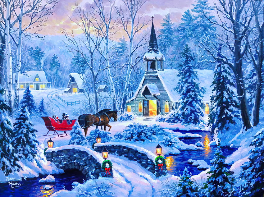 居心地の良い夜、チャペル、居心地の良い、アート、家、美しい、休日、絵画、雪、クリスマス、橋、氷、夕方、田舎、冬、川、霜、寒さ 高画質の壁紙