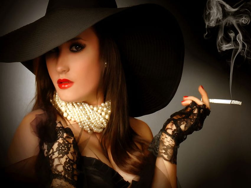 SMOKE, HAT AND BEAUTY, brown, red, smoke, lips, dress, hat, woman HD wallpaper