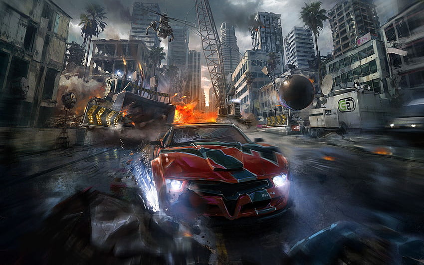 Drifting Car Chasing By Helicopter Artwork, Split/Second HD wallpaper