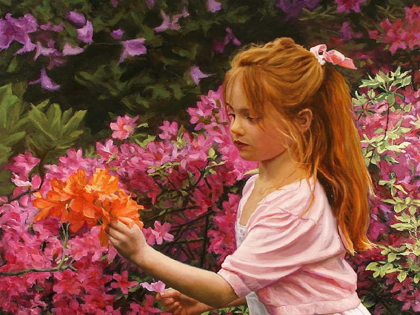 Bunga untuk Ibu, gadis kecil, gantang, karya seni, jaket merah muda, rambut merah, gaun putih, lukisan, bunga, busur Wallpaper HD
