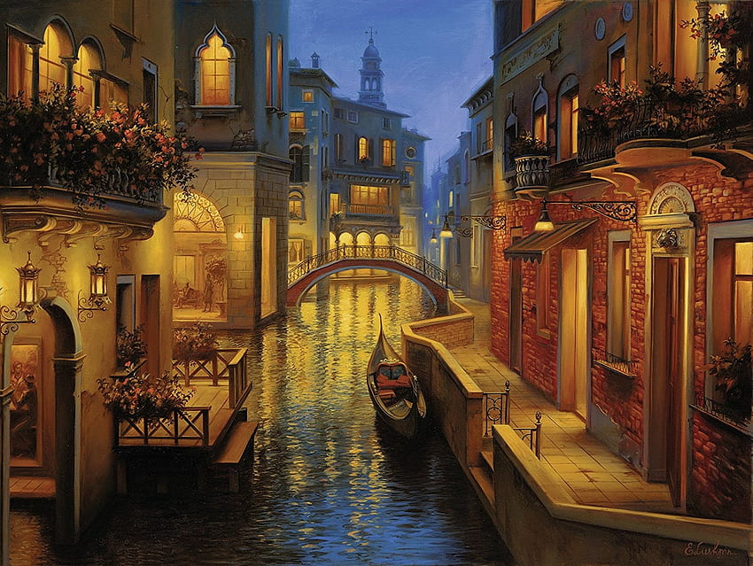Canal in Venice, buildings, boat, painting, italy, houses, water HD wallpaper