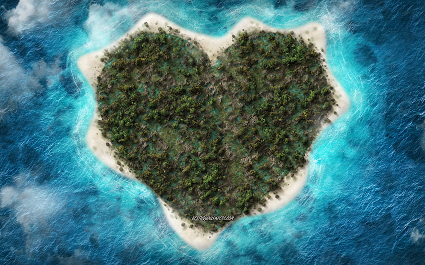Island heart, ocean, love concepts, tropical island, top view, aero view, creative art, heart for with resolution . High Quality HD wallpaper