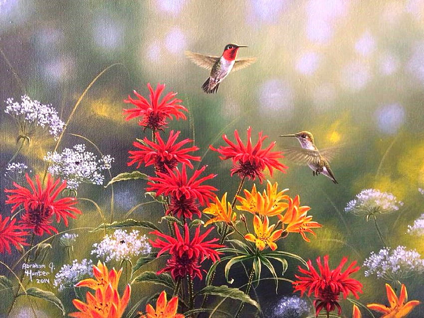 ★Bright & Beautiful★, birds, colors, paintings, beautiful, spring, love four seasons, pretty, bright, love, yellow, hummingbirds, red, couple, nature, flowers, lovely HD wallpaper