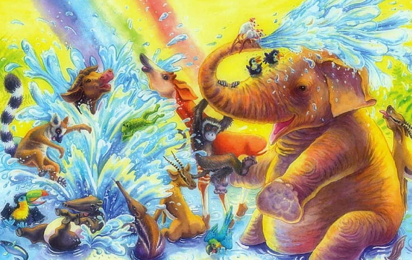 Badezeit, Affe, Regenbogen, Elefant, Frosch, Wasser HD-Hintergrundbild
