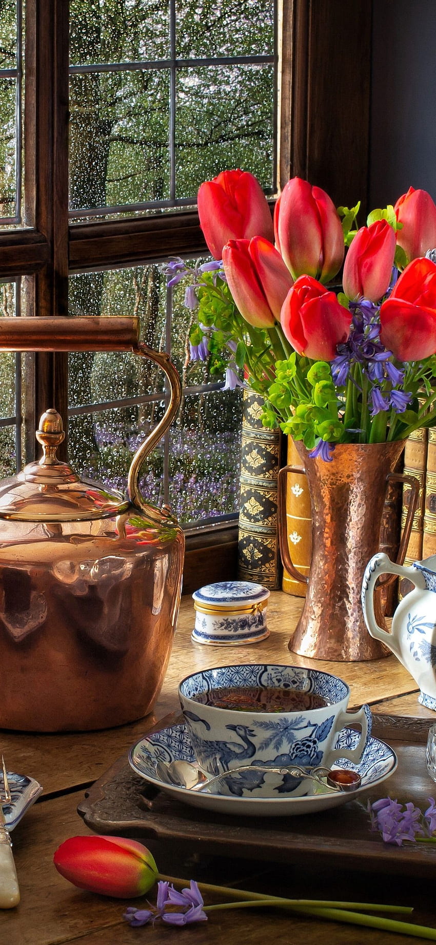 Still life, red tulips, kettle, lamp, window, tea, cake, books HD phone wallpaper