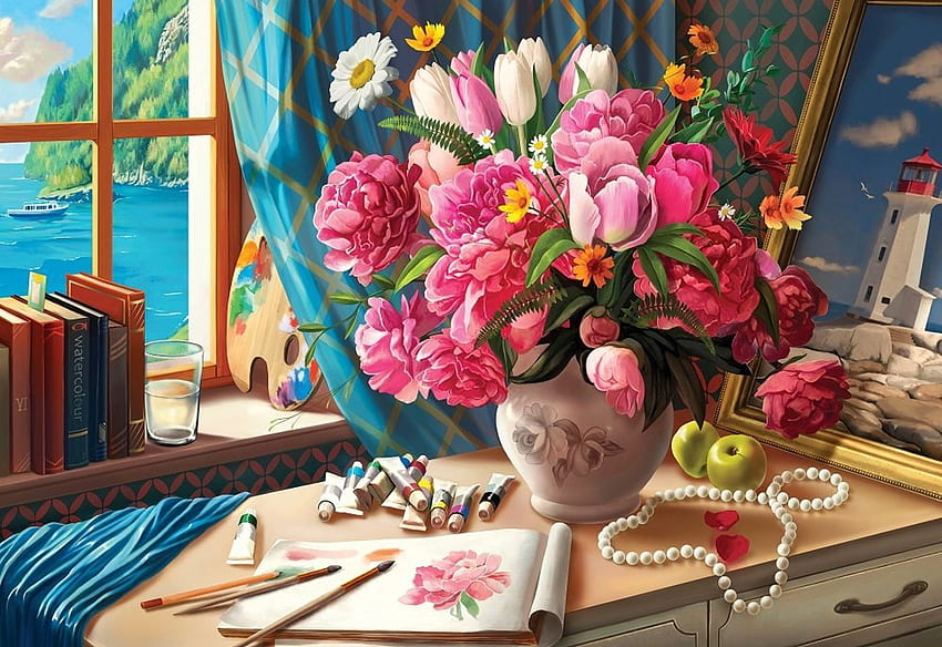 예술의 냄새, 테이블, 책, 사과, , 창문, 페인트, 꽃, 브러쉬 HD 월페이퍼