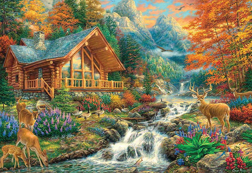 hutan dongeng, sungai, dongeng, hutan, rumah Wallpaper HD