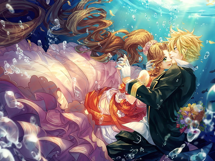 Sea of Love, bouquet, blond hair, blonde, nice, petals, couple, short hair, blonde hair, happy, female, sweet, Aerith Gainsborough, smile, gorgeous, girl, swim, anime girl, anime, pretty, flowr, brown hair, romantic, lovely, float, final fantasy, dress, long hair, Cloud Strife, underwater, game, water, blond, smiling, romance, video game, anime couple, gown, bubbles HD wallpaper