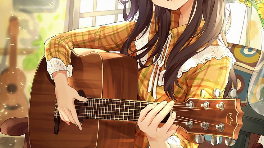 Dziewczyna z anime, gra na gitarze, instrument, muzyka, urocza - dziewczyna z anime gra na gitarze Tapeta HD