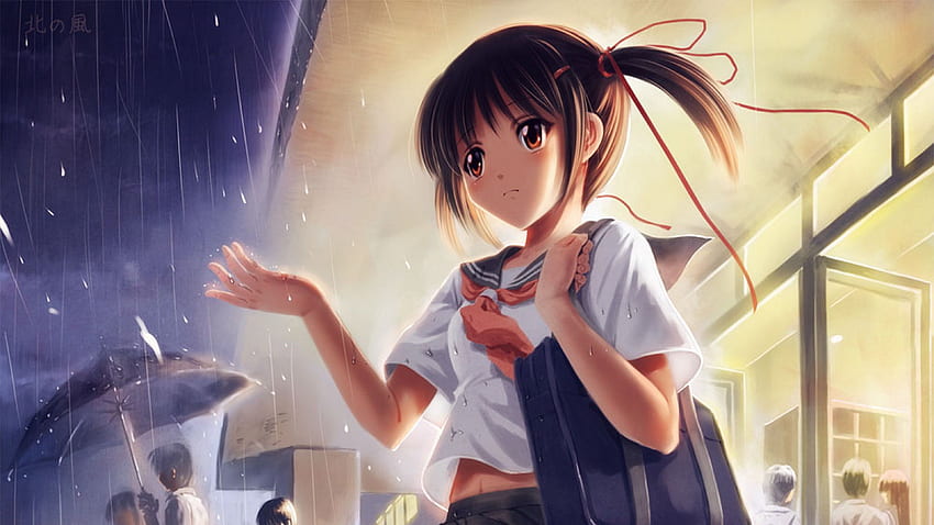 Studentinnen regnen Regenschirmkunst, Anime, Hintergrund und Studentenkarikatur HD-Hintergrundbild