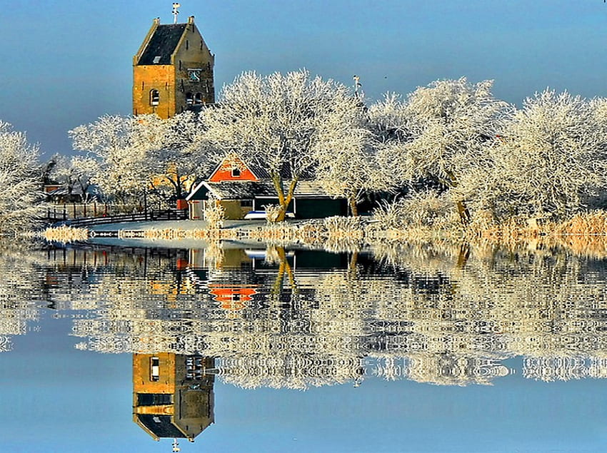 กระจกฤดูหนาว ฤดูหนาว กระจก การสะท้อน หิมะ ต้นไม้ น้ำ ทะเลสาบ วอลล์เปเปอร์ HD