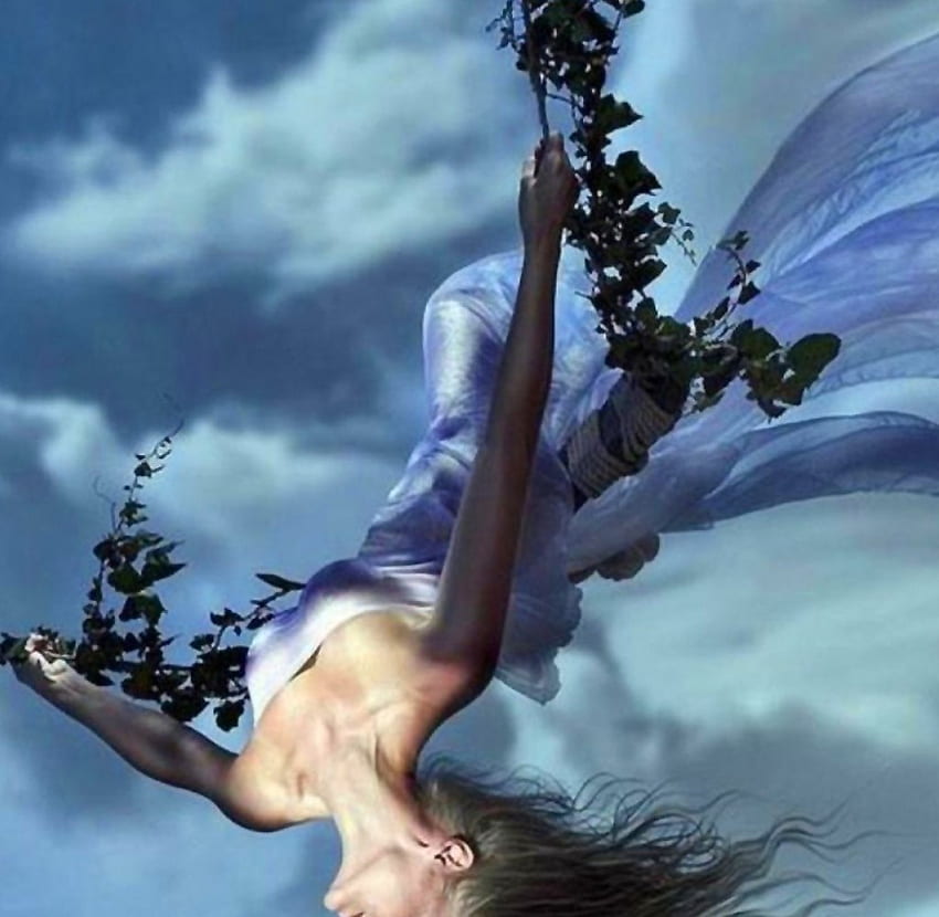 Breathless, clouds, sky, swing, woman HD wallpaper