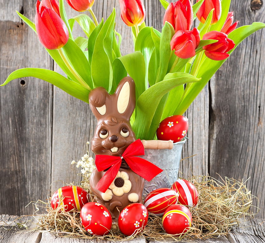 Easter Time, bunny, happy, easter, flowers, tulips, eggs HD wallpaper