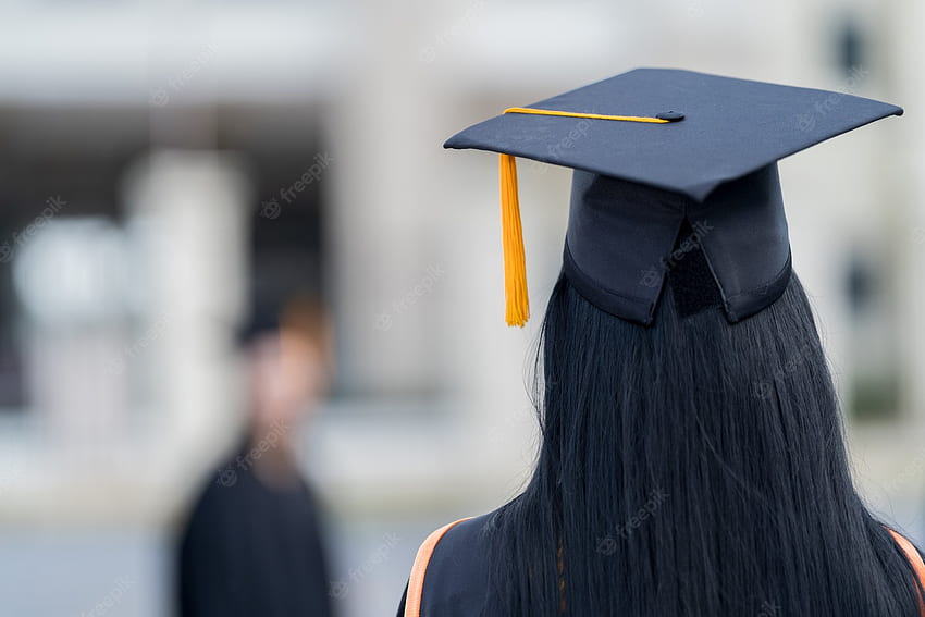 Premium . A young beautiful asian woman university graduate in graduation gown and mortarboard holds a degree certificate stands in front of the university building after participating in college commencement, Graduate Student HD wallpaper