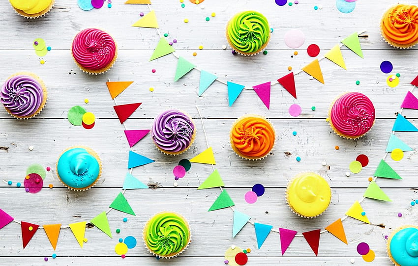 lilin, warna-warni, pelangi, kue, krim, Selamat Birtay, warna, cupcake, perayaan, cupcakes, krim, dekorasi, lilin, Birtay untuk , bagian праздники Wallpaper HD