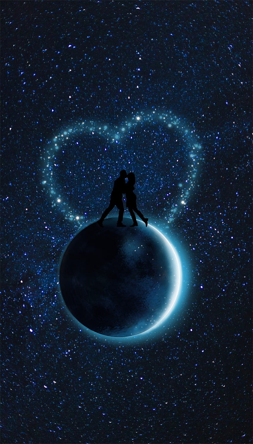 Liebe, Vektor, Paar, Paar, Silhouetten, Sternenhimmel, Planet HD-Handy-Hintergrundbild