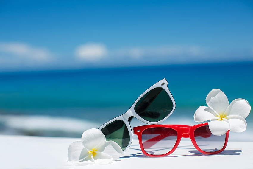 Praia de verão, flores, sol, óculos, mar papel de parede HD